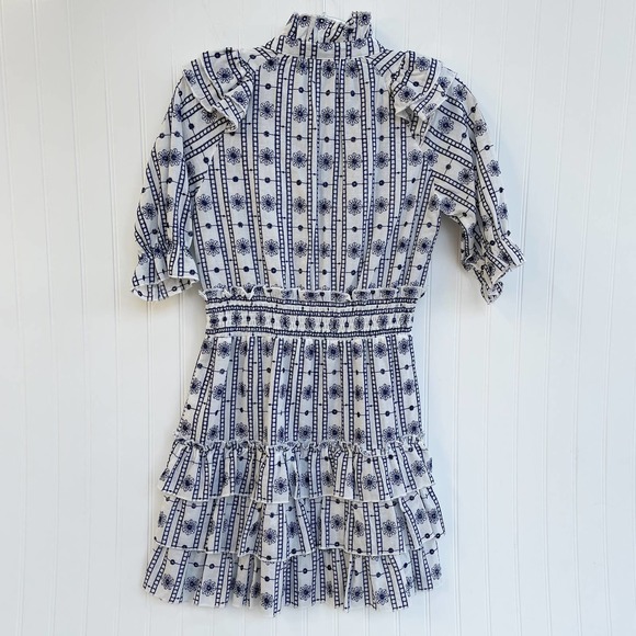The Shirt Rochelle Behrens Dress Smock Ruffle Navy White Aztek Floral Mini - Picture 4 of 6